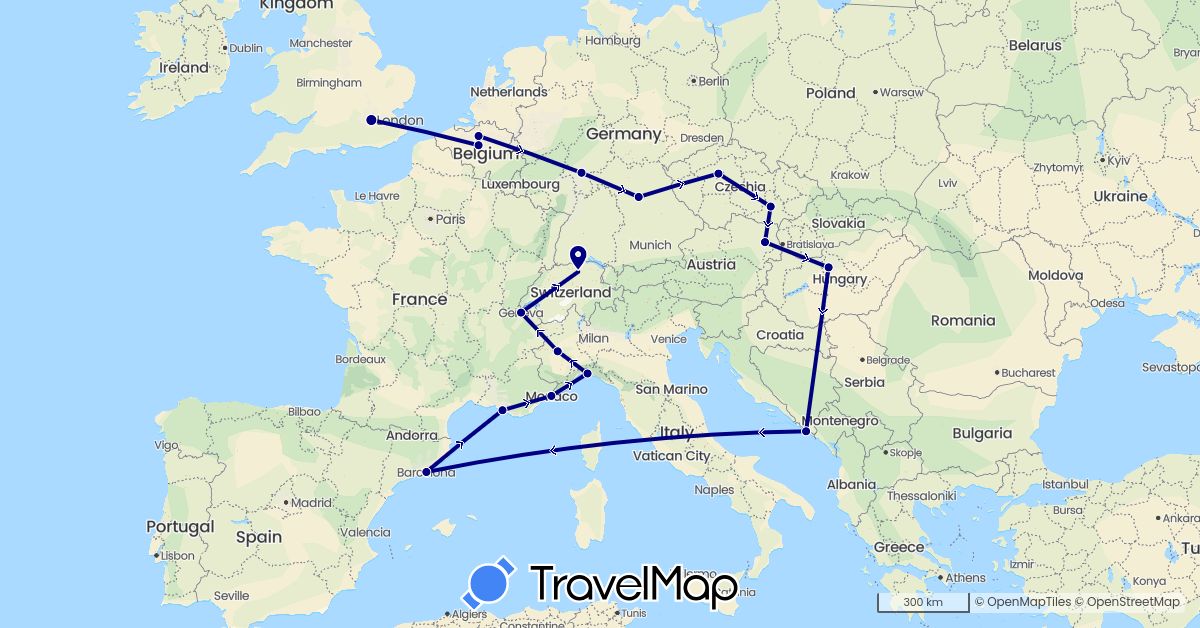 TravelMap itinerary: driving in Austria, Belgium, Switzerland, Czech Republic, Germany, Spain, France, United Kingdom, Croatia, Hungary, Italy, Monaco (Europe)